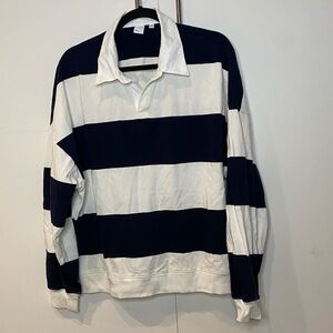 TNA Navy and White Rugby Stripe Long-Sleeve Polo